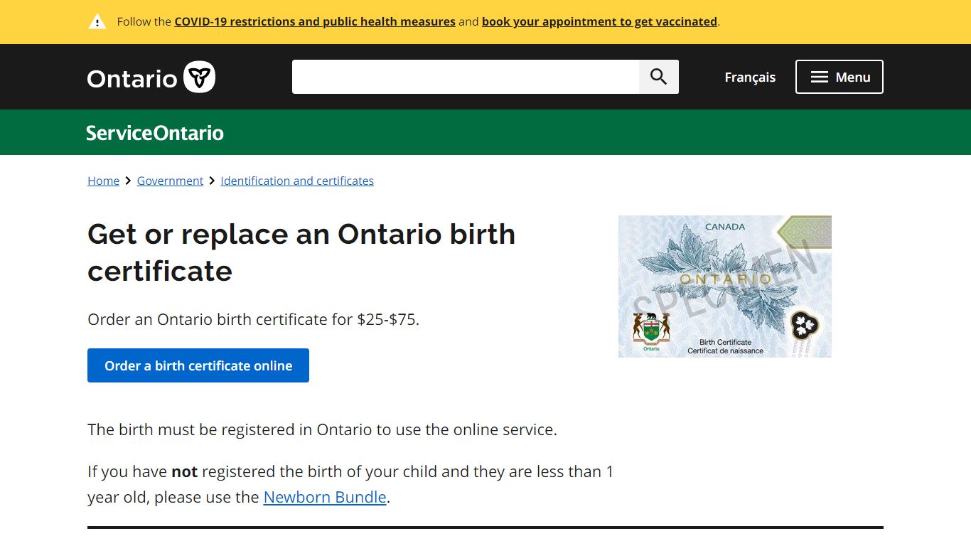 Get or replace an Ontario birth certificate | Ontario.ca